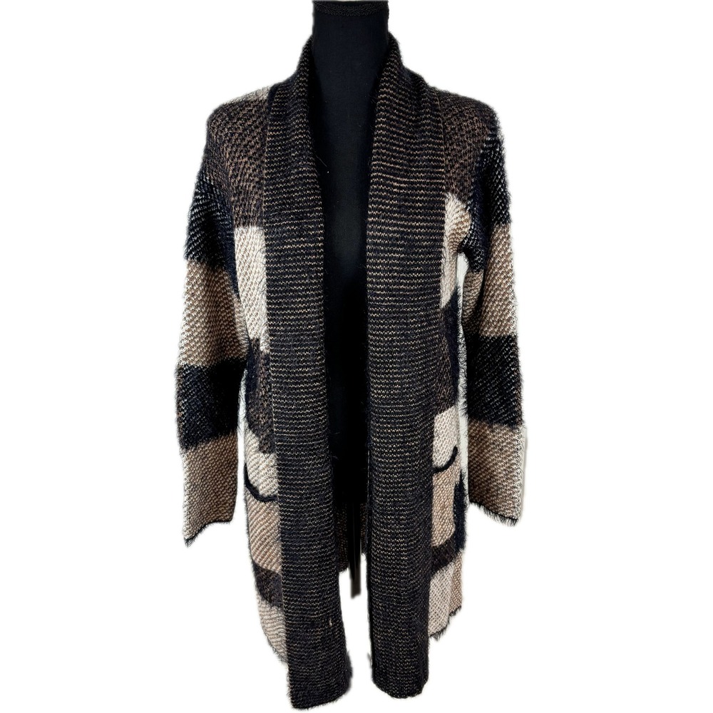Black Tape Womens Plaid Eyelash Knit Cardigan Sweater Black Tan Large 1607280